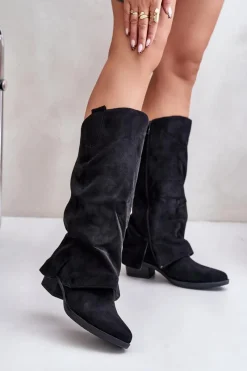 Online Boto Kozaki Damskie Na Niskim Obcasie Z Wywiniętą Cholewką Czarne Stinova Czarny