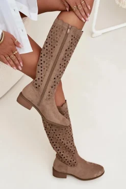 Hot Boto Kozaki Damskie Na Niskim Obcasie Z Ażurowym Wzorem Beżowe Marcelline