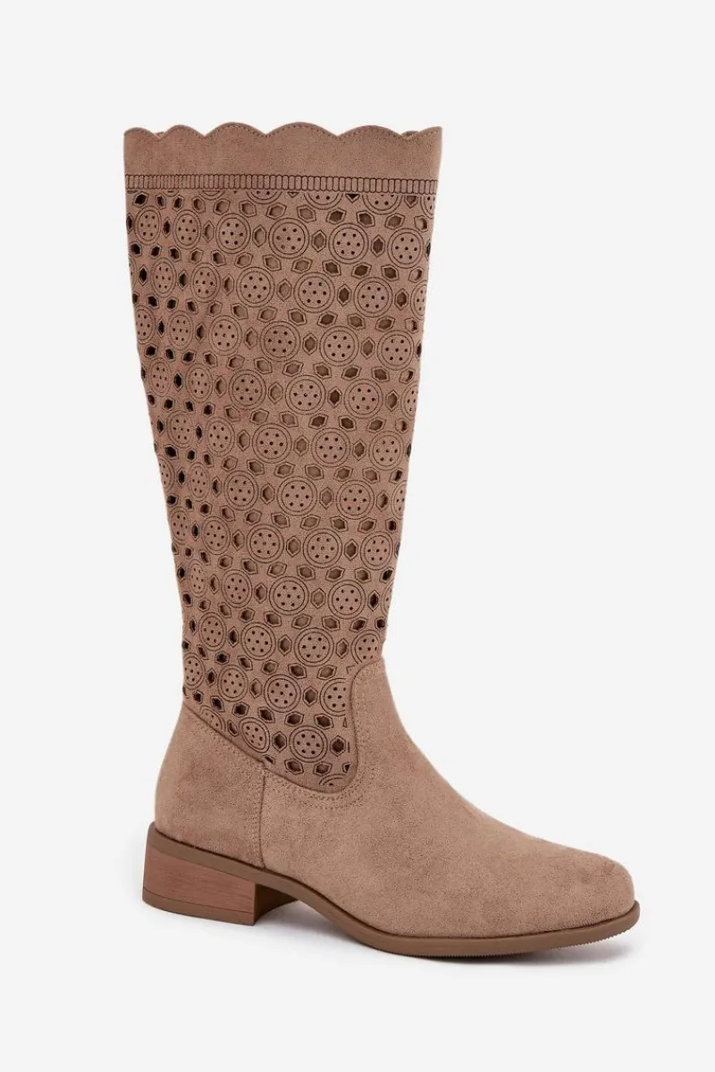 Hot Boto Kozaki Damskie Na Niskim Obcasie Z Ażurowym Wzorem Beżowe Marcelline
