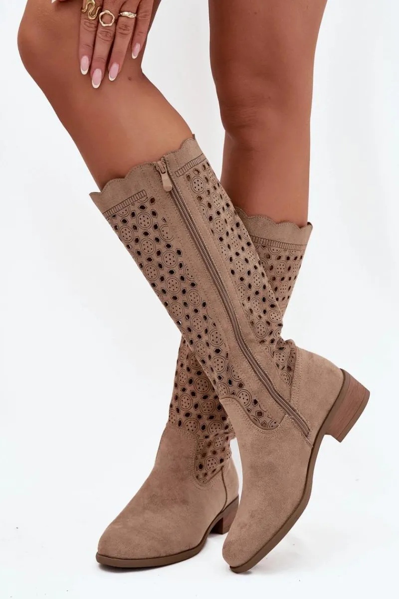 Hot Boto Kozaki Damskie Na Niskim Obcasie Z Ażurowym Wzorem Beżowe Marcelline