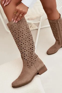 Hot Boto Kozaki Damskie Na Niskim Obcasie Z Ażurowym Wzorem Beżowe Marcelline