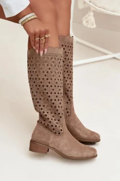 Hot Boto Kozaki Damskie Na Niskim Obcasie Z Ażurowym Wzorem Beżowe Marcelline