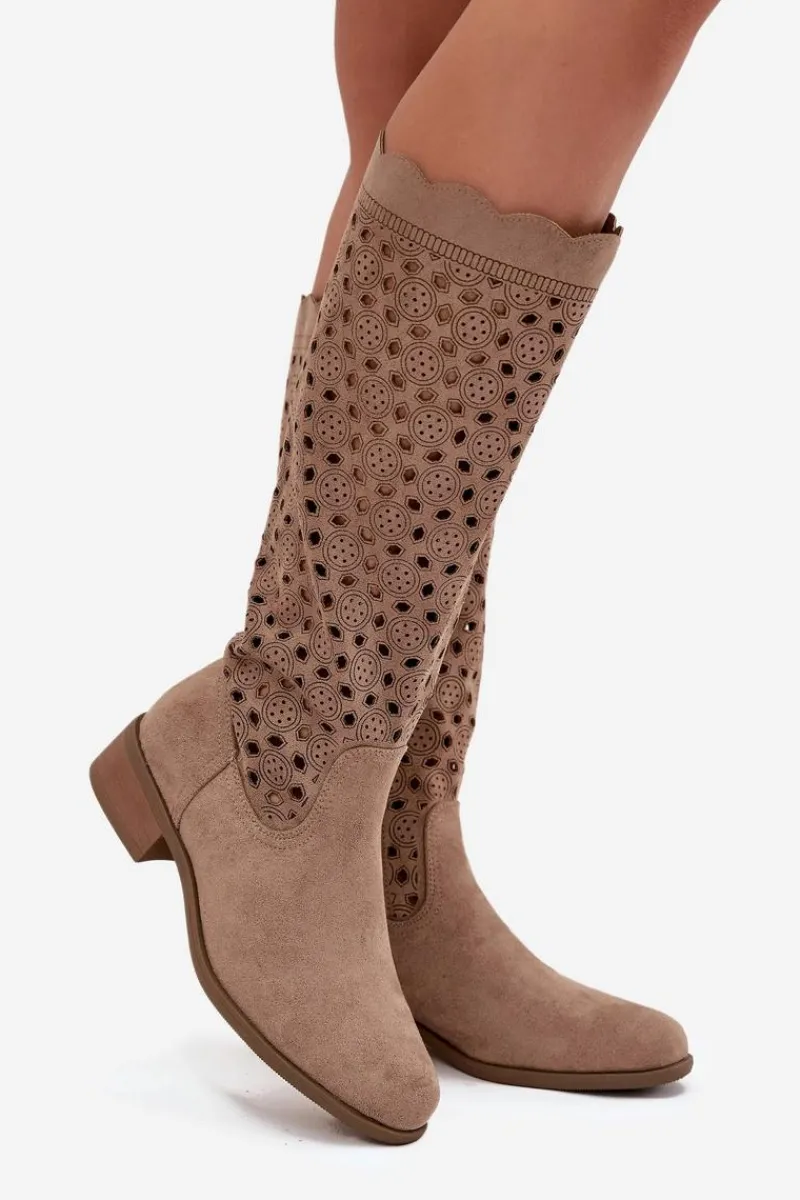 Hot Boto Kozaki Damskie Na Niskim Obcasie Z Ażurowym Wzorem Beżowe Marcelline