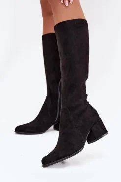 Kozaki Ocieplane|Kozaki Przed Kolano>Buty Sergio Leone Kozaki Damskie Na Niskim Obcasie Eko Zamszowe Sergio Leone KZ212 Czarne