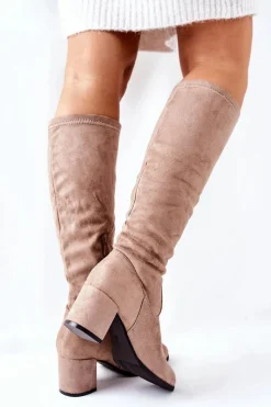 Best Kozaki Damskie Na Obcasie Zamszowe Beżowe Newferry Damskie Kozaki Wiosenne|Kozaki Na Obcasie