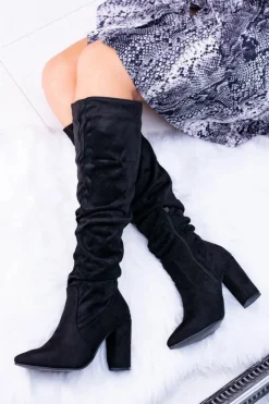 Discount Boto Kozaki Damskie Na Obcasie W Szpic Zamszowe Czarne Nightcall