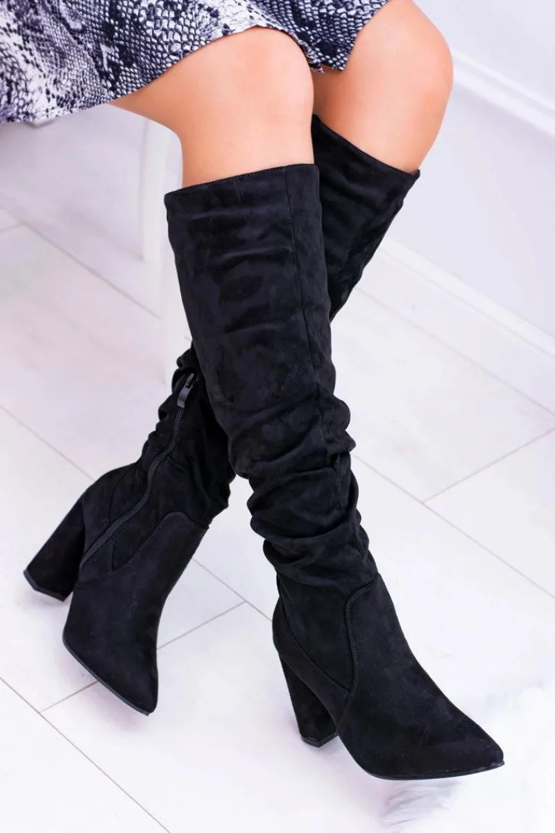 Discount Boto Kozaki Damskie Na Obcasie W Szpic Zamszowe Czarne Nightcall