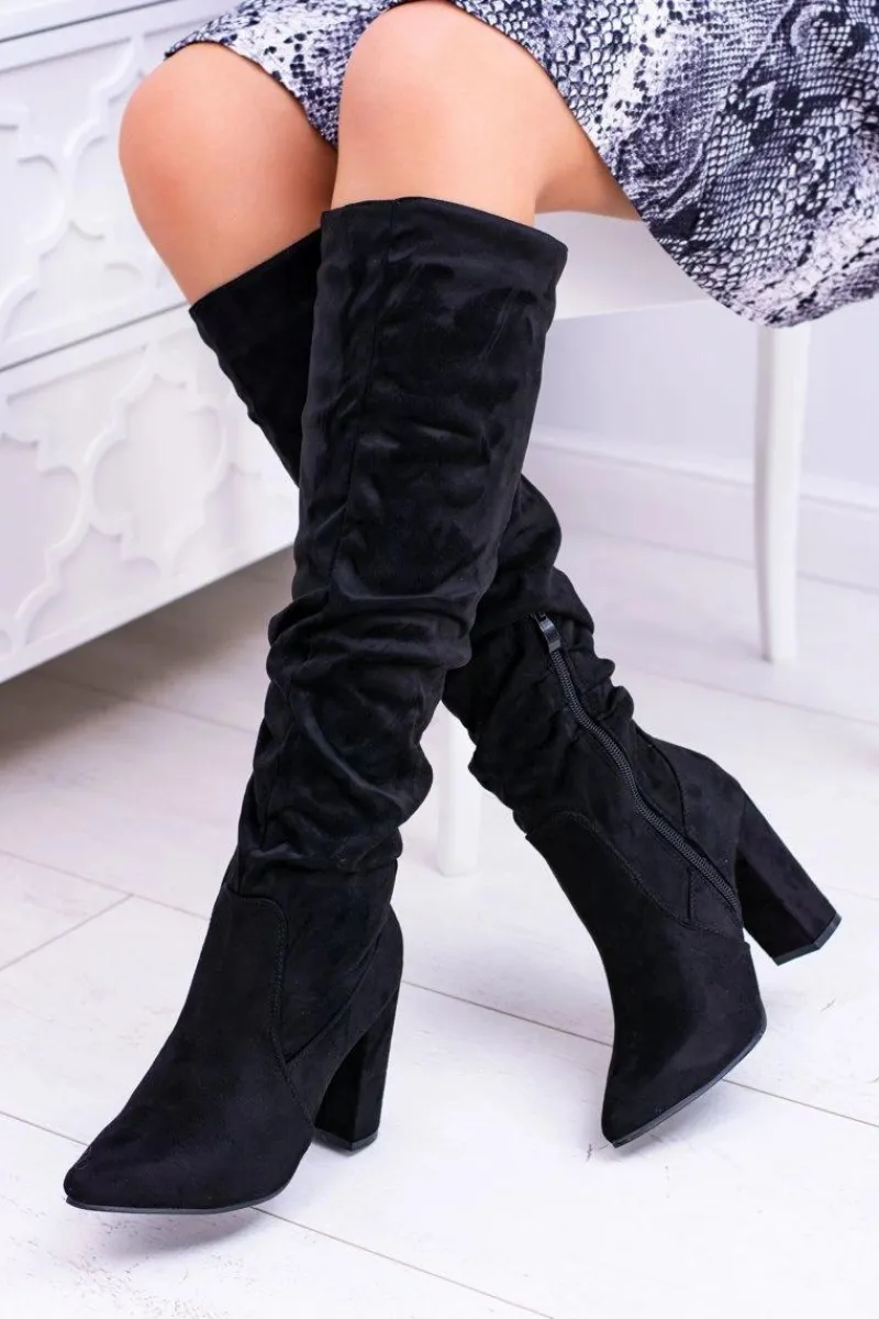 Discount Boto Kozaki Damskie Na Obcasie W Szpic Zamszowe Czarne Nightcall