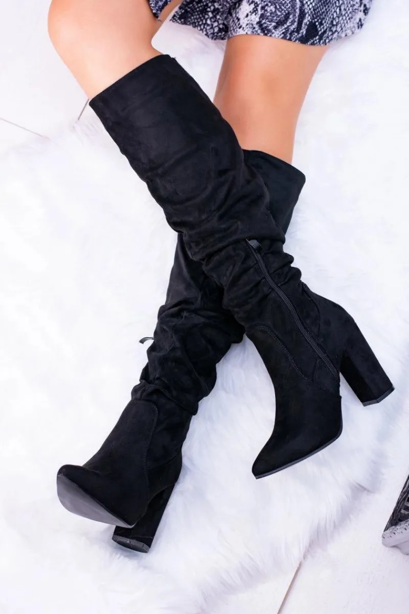 Discount Boto Kozaki Damskie Na Obcasie W Szpic Zamszowe Czarne Nightcall