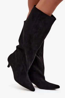 Kozaki Na Szpilce|Kozaki Przed Kolano></noscript>Boto Kozaki Damskie Na Obcasie Z Eko Zamszu Czarne Pheona Czarny