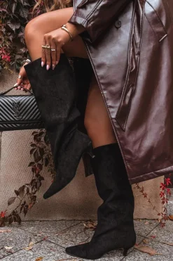 Kozaki Na Szpilce|Kozaki Przed Kolano></noscript>Boto Kozaki Damskie Na Obcasie Z Eko Zamszu Czarne Pheona Czarny