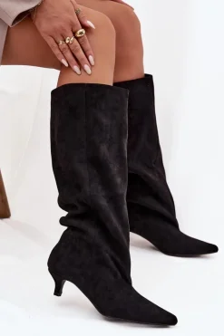 Kozaki Na Szpilce|Kozaki Przed Kolano></noscript>Boto Kozaki Damskie Na Obcasie Z Eko Zamszu Czarne Pheona Czarny