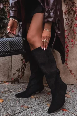 Kozaki Na Szpilce|Kozaki Przed Kolano></noscript>Boto Kozaki Damskie Na Obcasie Z Eko Zamszu Czarne Pheona Czarny