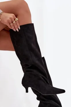 Kozaki Na Szpilce|Kozaki Przed Kolano></noscript>Boto Kozaki Damskie Na Obcasie Z Eko Zamszu Czarne Pheona Czarny