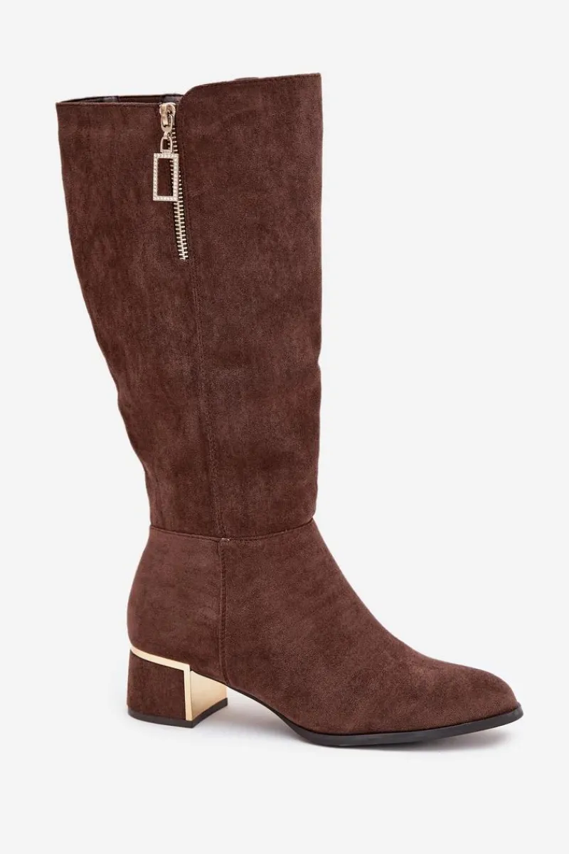 Boto Kozaki Damskie Na Obcasie Z Eko Zamszu Brązowe Lyvienne