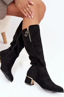 Sale Kozaki Damskie Na Obcasie Z Eko Zamszu Czarne Lyvienne Damskie Kozaki Ocieplane|Kozaki Przed Kolano