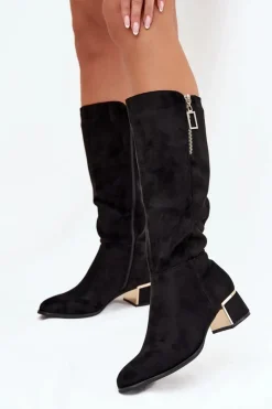 Sale Kozaki Damskie Na Obcasie Z Eko Zamszu Czarne Lyvienne Damskie Kozaki Ocieplane|Kozaki Przed Kolano