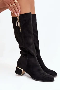 Sale Kozaki Damskie Na Obcasie Z Eko Zamszu Czarne Lyvienne Damskie Kozaki Ocieplane|Kozaki Przed Kolano