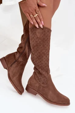Kozaki Damskie Na Płaskim Obcasie Z Ażurowym Wzorem S.Barski HY52-531 Brązowe Damskie Kozaki Ażurowe|Kozaki Płaskie