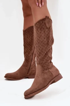 Kozaki Damskie Na Płaskim Obcasie Z Ażurowym Wzorem S.Barski HY52-531 Brązowe Damskie Kozaki Ażurowe|Kozaki Płaskie