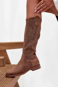 Kozaki Damskie Na Płaskim Obcasie Z Ażurowym Wzorem S.Barski HY52-531 Brązowe Damskie Kozaki Ażurowe|Kozaki Płaskie
