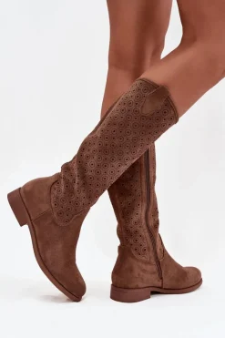 Kozaki Damskie Na Płaskim Obcasie Z Ażurowym Wzorem S.Barski HY52-531 Brązowe Damskie Kozaki Ażurowe|Kozaki Płaskie