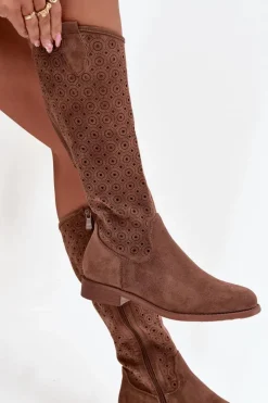 Kozaki Damskie Na Płaskim Obcasie Z Ażurowym Wzorem S.Barski HY52-531 Brązowe Damskie Kozaki Ażurowe|Kozaki Płaskie