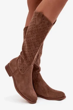 Kozaki Damskie Na Płaskim Obcasie Z Ażurowym Wzorem S.Barski HY52-531 Brązowe Damskie Kozaki Ażurowe|Kozaki Płaskie