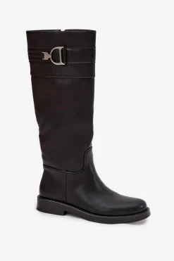 Kozaki Ocieplane|Kozaki Płaskie></noscript>Boto Kozaki Damskie Na Płaskim Obcasie Z Ozdobnym Detalem Czarne Arvessa Czarny