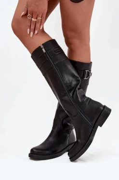 Kozaki Ocieplane|Kozaki Płaskie></noscript>Boto Kozaki Damskie Na Płaskim Obcasie Z Ozdobnym Detalem Czarne Arvessa Czarny