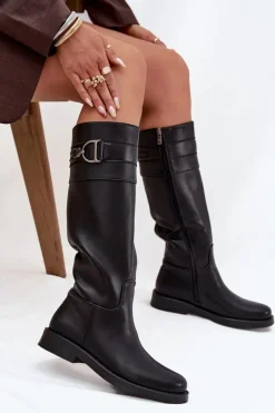 Kozaki Ocieplane|Kozaki Płaskie></noscript>Boto Kozaki Damskie Na Płaskim Obcasie Z Ozdobnym Detalem Czarne Arvessa Czarny