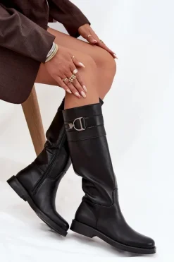 Kozaki Ocieplane|Kozaki Płaskie></noscript>Boto Kozaki Damskie Na Płaskim Obcasie Z Ozdobnym Detalem Czarne Arvessa Czarny