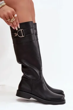 Kozaki Ocieplane|Kozaki Płaskie></noscript>Boto Kozaki Damskie Na Płaskim Obcasie Z Ozdobnym Detalem Czarne Arvessa Czarny