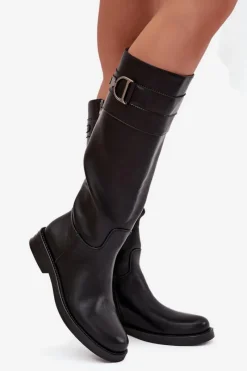 Kozaki Ocieplane|Kozaki Płaskie></noscript>Boto Kozaki Damskie Na Płaskim Obcasie Z Ozdobnym Detalem Czarne Arvessa Czarny