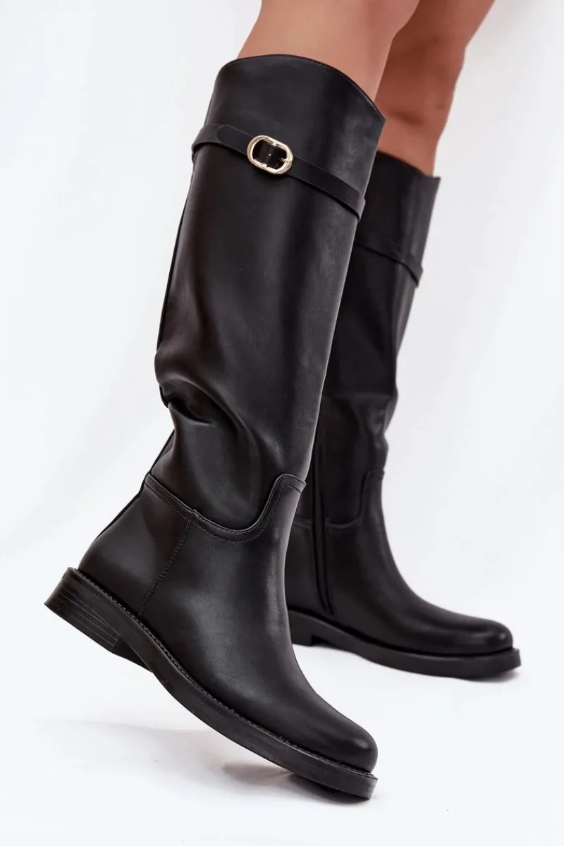 Online Boto Kozaki Damskie Na Płaskim Obcasie Z Paskiem I Złotą Klamrą Czarne Sylvena