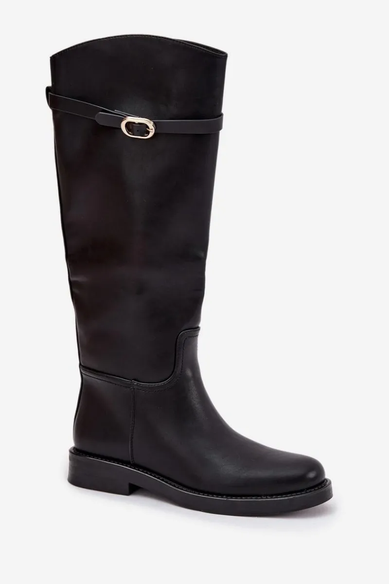 Online Boto Kozaki Damskie Na Płaskim Obcasie Z Paskiem I Złotą Klamrą Czarne Sylvena