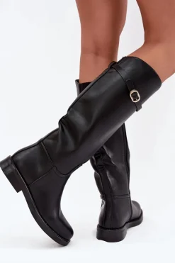 Online Boto Kozaki Damskie Na Płaskim Obcasie Z Paskiem I Złotą Klamrą Czarne Sylvena