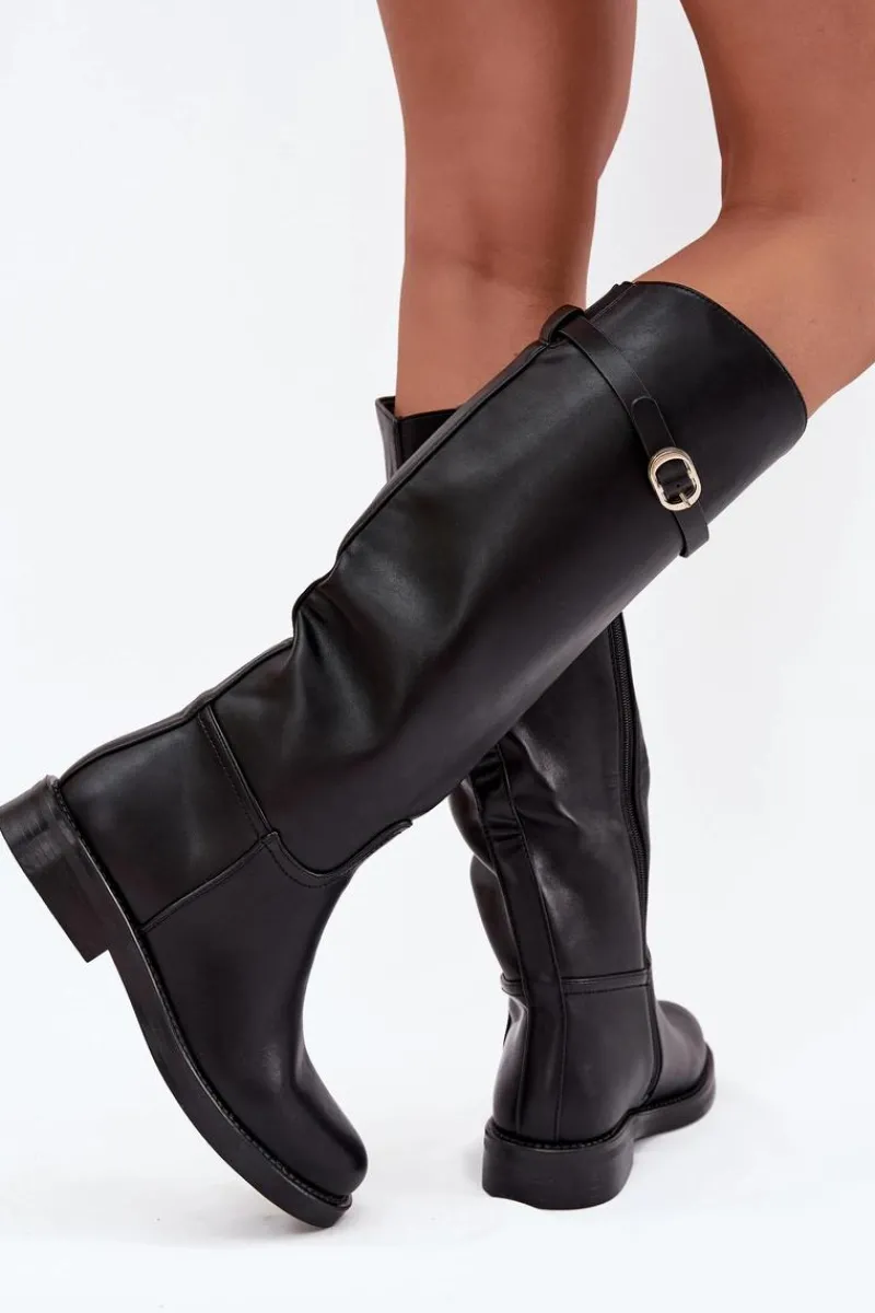 Online Boto Kozaki Damskie Na Płaskim Obcasie Z Paskiem I Złotą Klamrą Czarne Sylvena