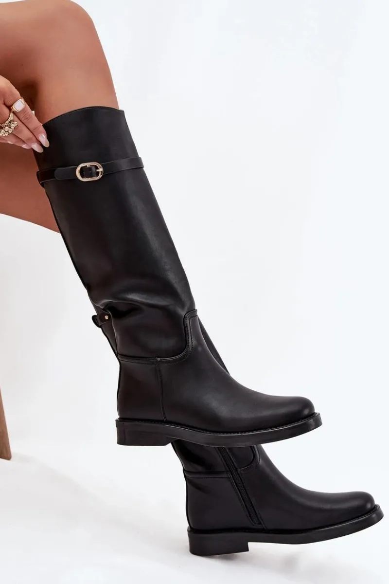 Online Boto Kozaki Damskie Na Płaskim Obcasie Z Paskiem I Złotą Klamrą Czarne Sylvena