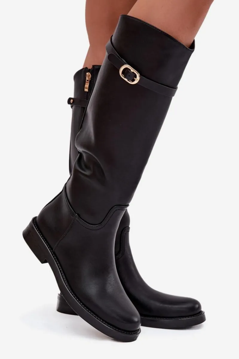 Online Boto Kozaki Damskie Na Płaskim Obcasie Z Paskiem I Złotą Klamrą Czarne Sylvena