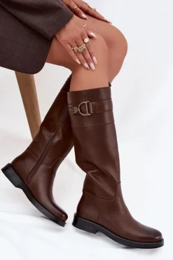 Online Boto Kozaki Damskie Na Płaskim Obcasie Z Ozdobnym Detalem Brązowe Arvessa