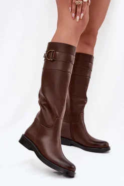 Online Boto Kozaki Damskie Na Płaskim Obcasie Z Ozdobnym Detalem Brązowe Arvessa