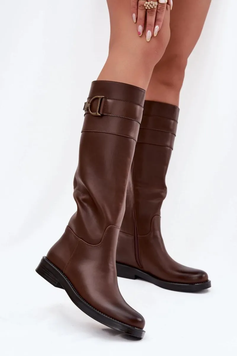 Online Boto Kozaki Damskie Na Płaskim Obcasie Z Ozdobnym Detalem Brązowe Arvessa