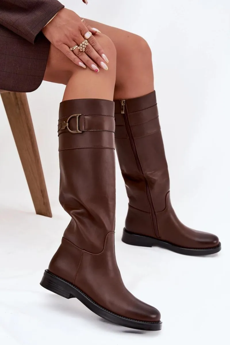 Online Boto Kozaki Damskie Na Płaskim Obcasie Z Ozdobnym Detalem Brązowe Arvessa