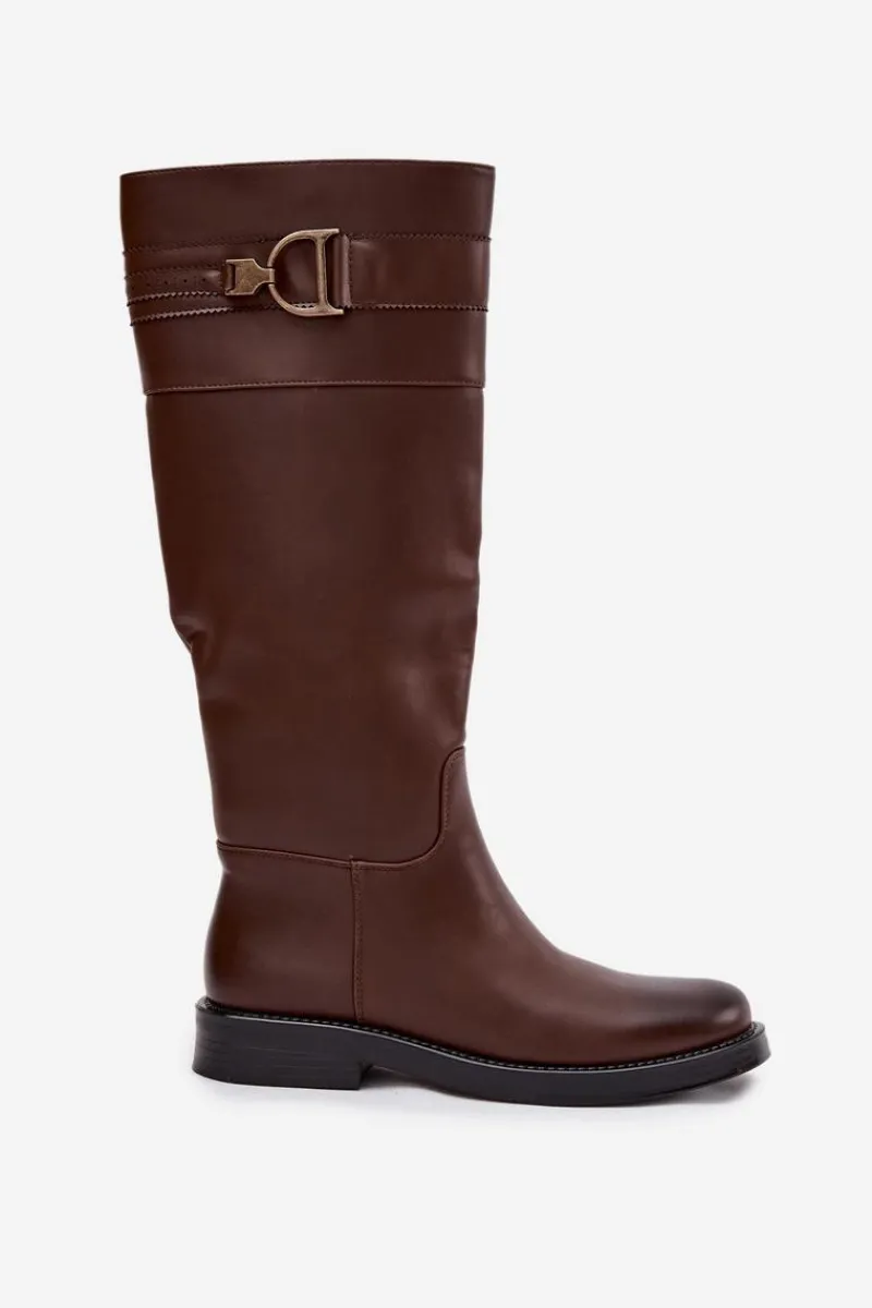 Online Boto Kozaki Damskie Na Płaskim Obcasie Z Ozdobnym Detalem Brązowe Arvessa