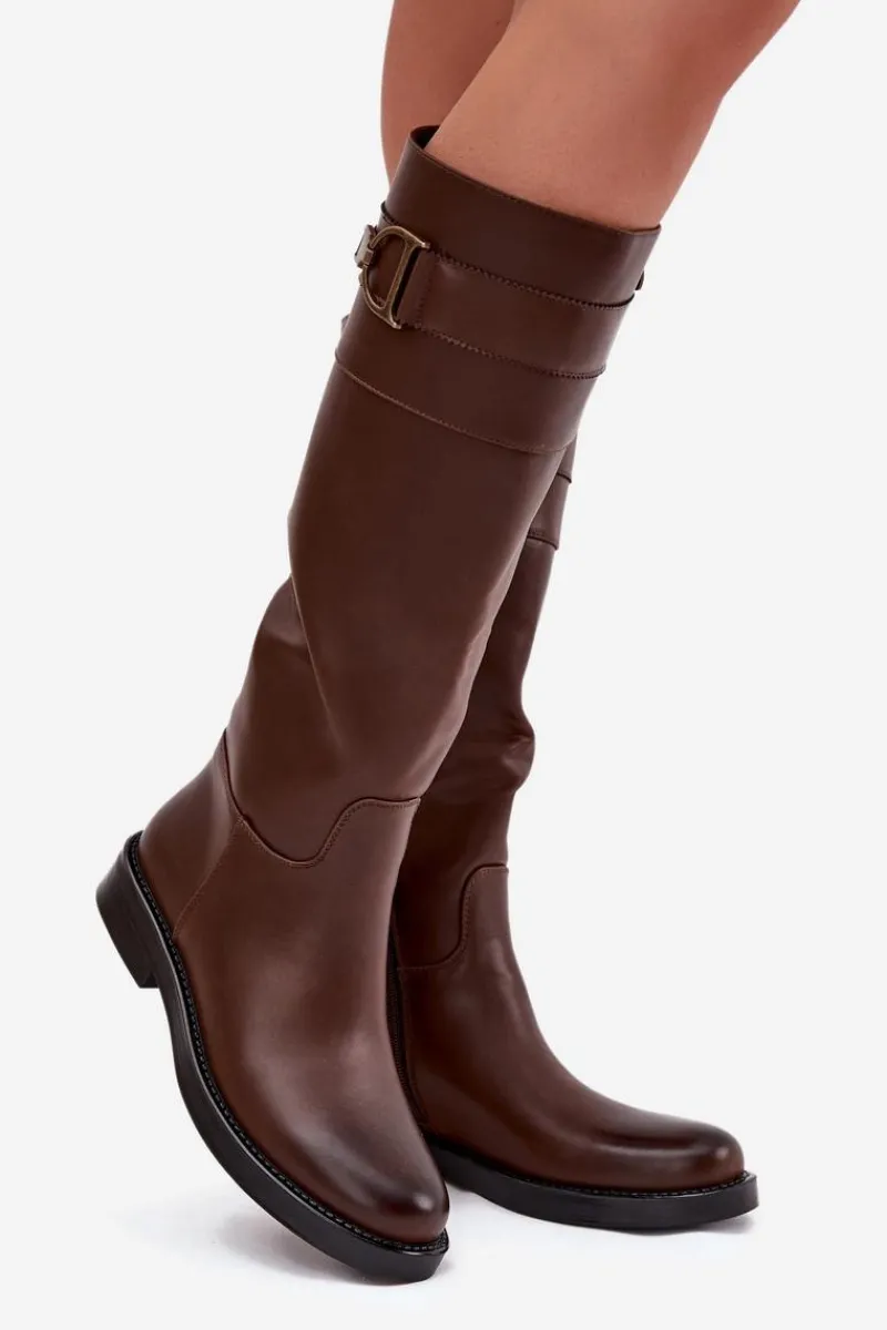 Online Boto Kozaki Damskie Na Płaskim Obcasie Z Ozdobnym Detalem Brązowe Arvessa