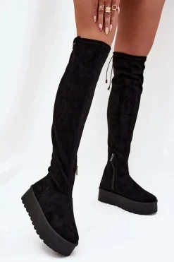 Kozaki Damskie Na Platformie Za Kolano Big Star SS274264 Czarne Damskie Kozaki Ocieplane|Muszkieterki