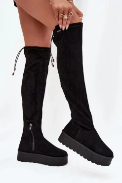 Kozaki Damskie Na Platformie Za Kolano Big Star SS274264 Czarne Damskie Kozaki Ocieplane|Muszkieterki