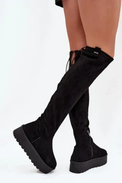Kozaki Damskie Na Platformie Za Kolano Big Star SS274264 Czarne Damskie Kozaki Ocieplane|Muszkieterki