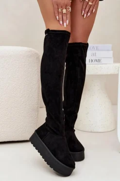 Kozaki Damskie Na Platformie Za Kolano Big Star SS274264 Czarne Damskie Kozaki Ocieplane|Muszkieterki